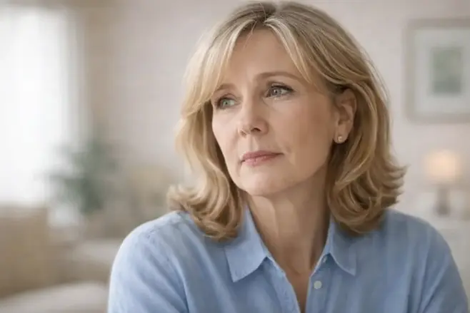 Ilustrative image of a middle-aged blonde woman sitting indoors, looking slightly to the side with a thoughtful, concerned expression, in a softly lit home setting
