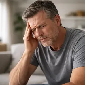 Illustrative image of a middle-aged man holding his head in discomfort, representing tinnitus symptoms, ear ringing, and daily hearing-related distress