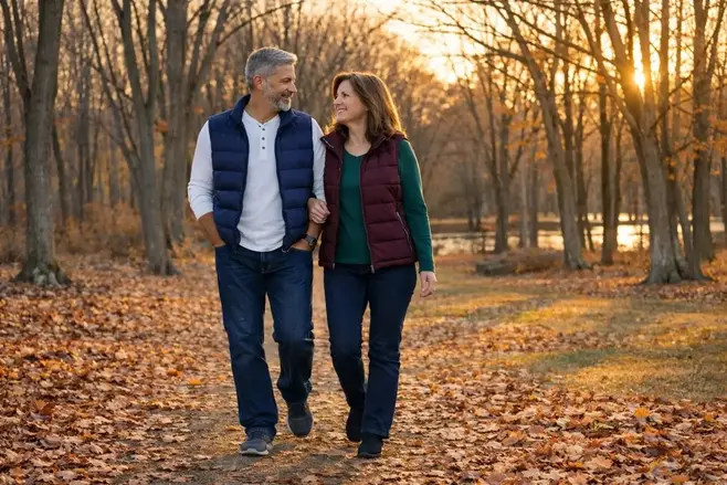 Illustrative image of a middle-aged couple walking through a mild American winter landscape in Connecticut, symbolizing peaceful living, tinnitus relief, and restored hearing wellness